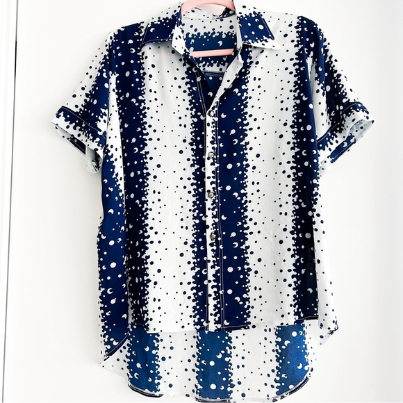 Hand Crafted Tops - Navy and white polka dotted short sleeve blouse